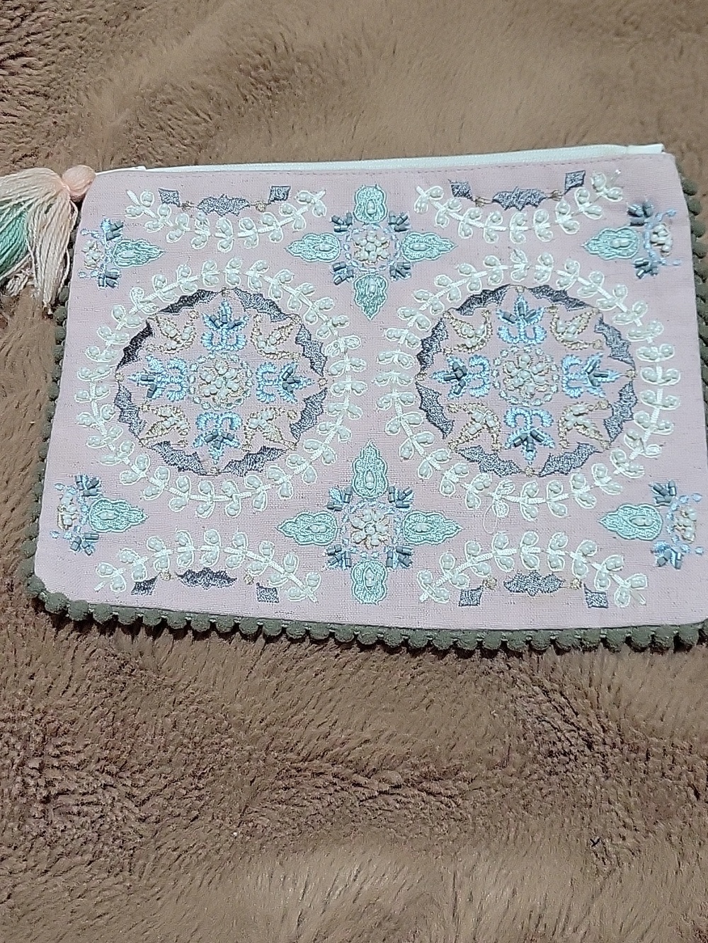 Crosstree Lane Embroidered Pink Boho Tassel Pouch